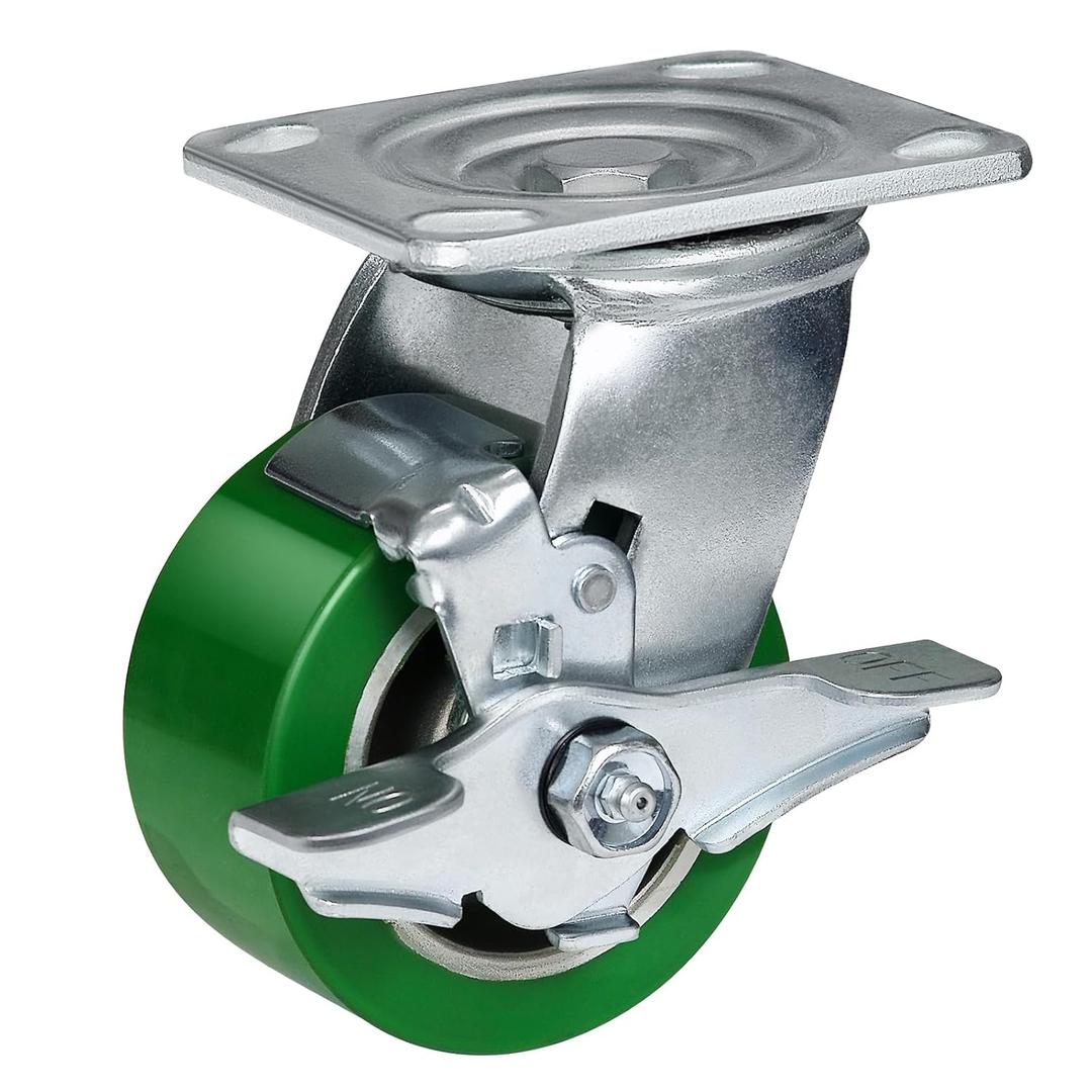 4 Inch Caster Wheels- Heavy Duty Casters, Polyurethane on Aluminum Caster Wheel with up to 800LB Capacity- Widely Used in Tool Box, Workshop, Garage, U-Boat Platform Trucks (1 Brake)
