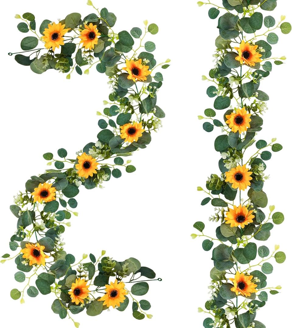 Uieke 2 Pack Artificial Sunflower Garland, 6ft/Strand Silk Sunflowers Hanging Vines Flowers Garland with Green Leaves for Room Kitchen Garden Birthday Wedding Baby Shower Party Table Decor (Large-2pcs)