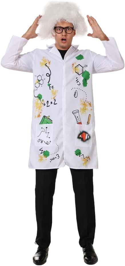 EraSpooky Men Mad Scientist Costume Adult Lab Coat with Wig, XL