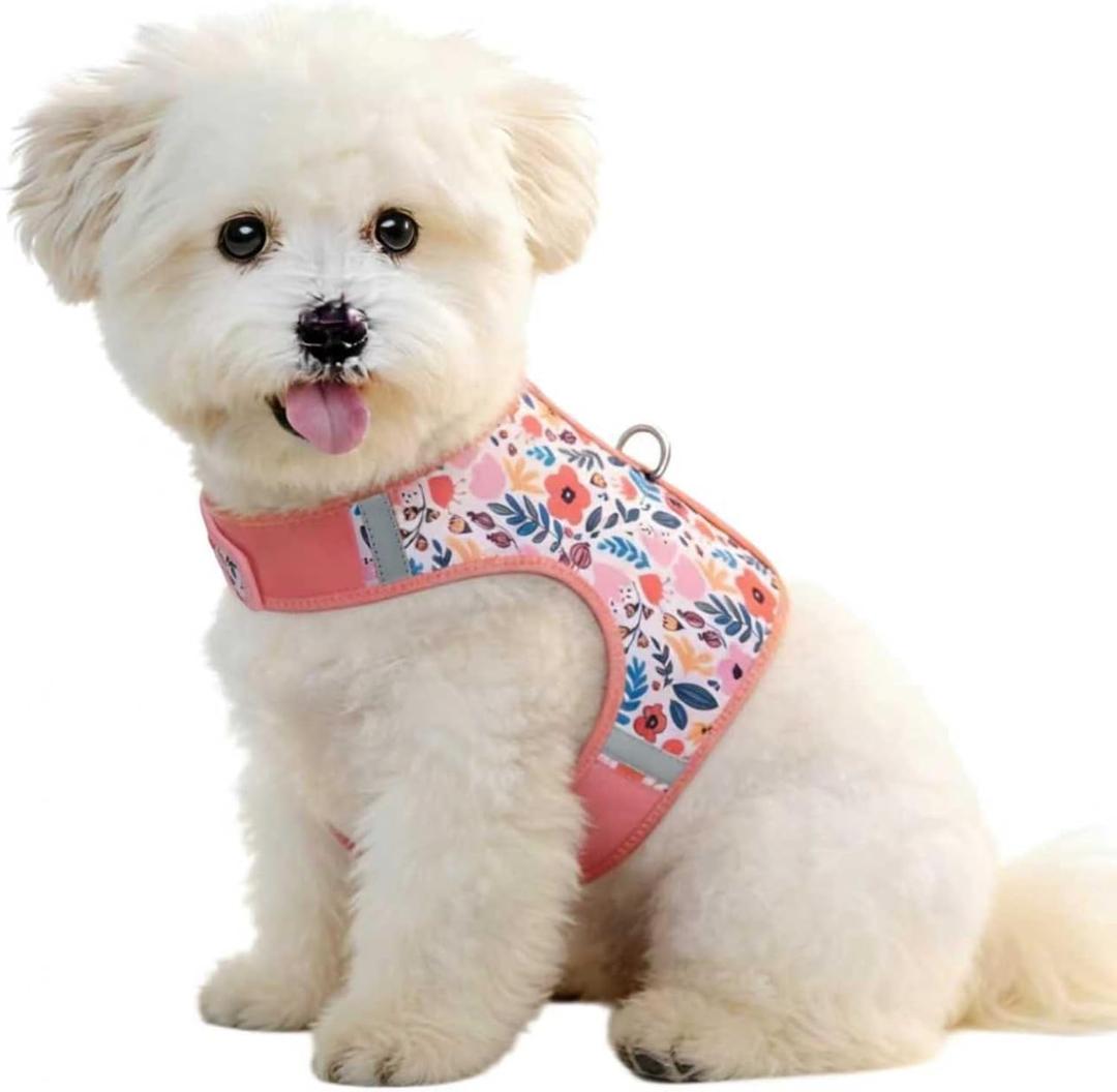Dog Harness for Small Sized Dog,Hook-and-Loop Easy On/Off, Reflective Adjustable Soft Mesh Vest for Puppy(Pink Floral Print,XXS) (XXS(Neck:7.8-9.8",Chest:9.4-12.5"))