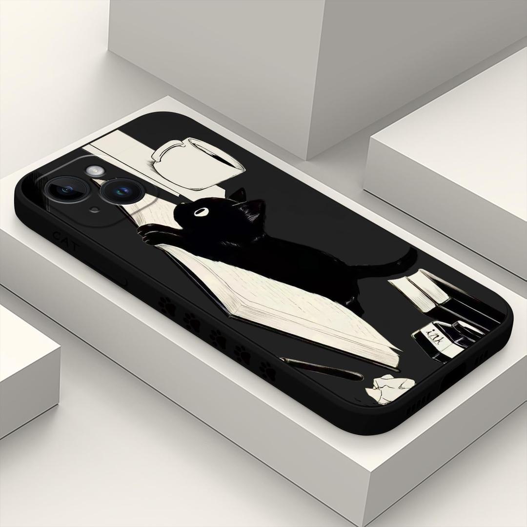 for iPhone 15 Case Anti Scratch Soft Microfiber Lining, Soft Shockproof Slim Fit Floral for iPhone 15 Phone Cover 6.1 inch-Cat Black