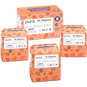 Pura Size 6 Eco-Friendly Diapers (29+ lbs) Hypoallergenic, Soft Organic Cotton, Sustainable, up to 12 Hours Leak Protection, Allergy UK, Recyclable Paper Packaging, 18 Count (Pack of 3) (54 Diapers)