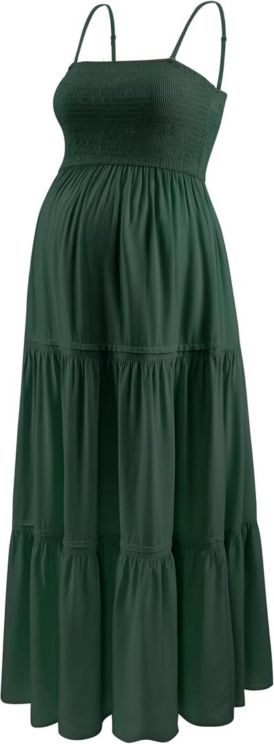 Maternity Casual Summer Maxi Dress with Removed Strap, Stapless Bohemian Beach Long Photoshoot/Baby Shower Dresses (Green, XL)