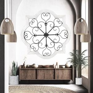 Bellaa 23936 Metal Wall Art Wood Frame Rustic Retro Farmhouse Barn Home Decor Modern Medallion Flower Fleur De Lis Round Scroll Panel Plaque Wrought Iron Old World Sculptures 24 inch Large