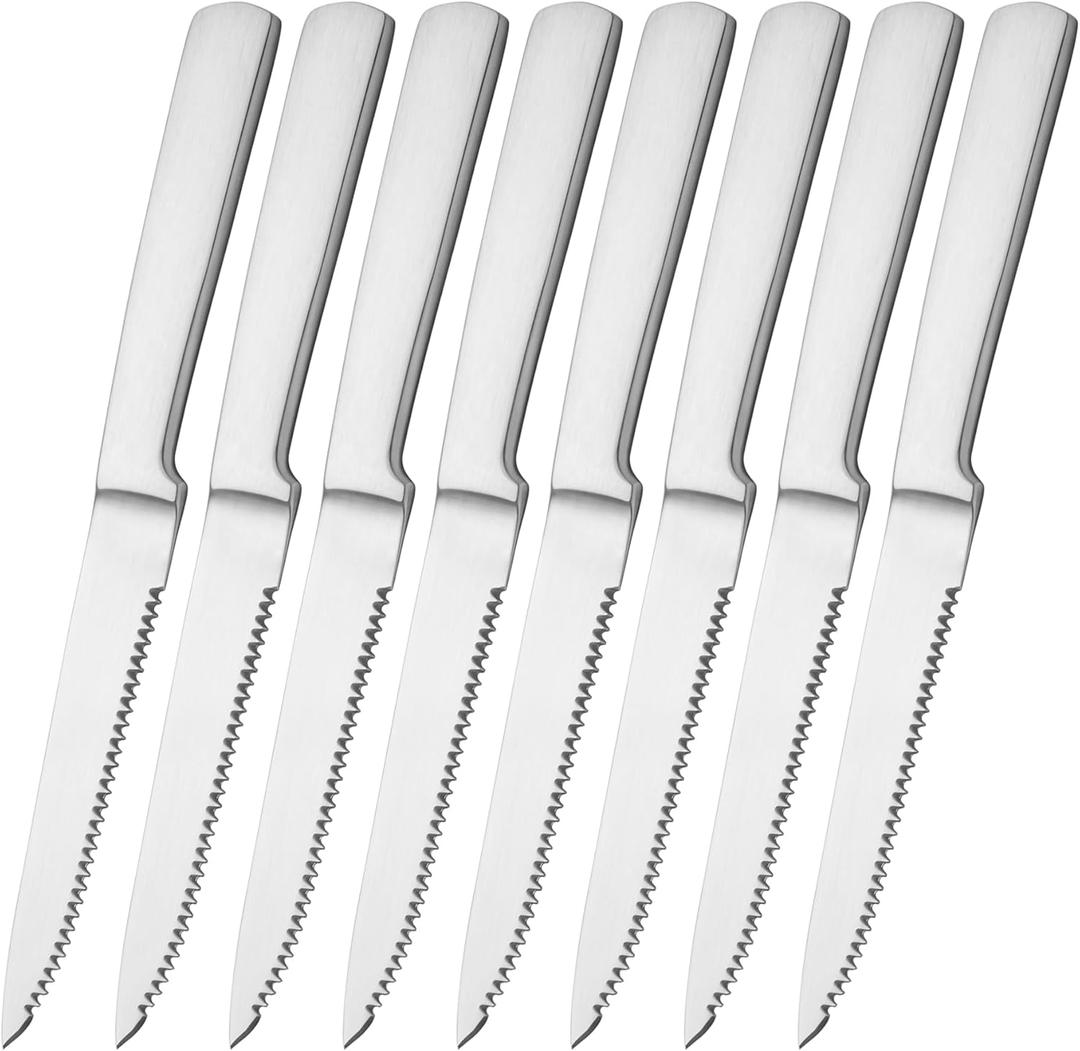 Serrated Steak Knives Set of 8, 4.72 Inches High Carbon Stainless Steel Steak Knives, Matte Silver Brushed Surface, One Piece Design, Durable Home Modern Elegant Sharp Kitchen Knife Set