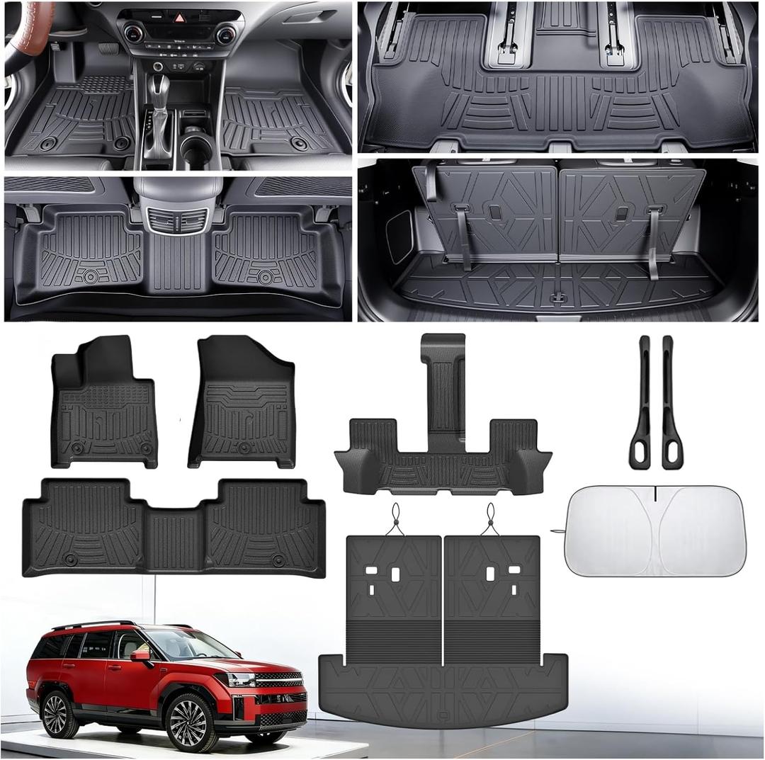 Floor Mats for Hyundai Santa Fe 2024 2025 2026(Fit Hybrid/Gas), All Weather Protection Custom Floor Mats Trunk Cargo Mat and Car Windshield Cover Set for Hyundai Santa Fe Accessories