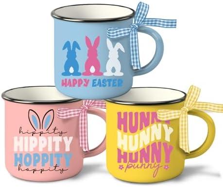 Paayna Happy Easter Mini Coffee Mug Set of 3, Hippity Hoppity Hunny Bunny Rabbit 5 oz Mini Coffee Cups Tiered Tray Decor, Spring Blue Pink Yellow Kitchen Coffee Bar Decorations Housewarming Gift