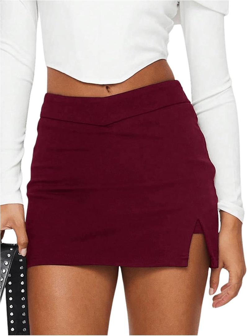 SOLY HUX Women's Mini Skirt Skorts Y2k Split Zipper Side Stretchy Pencil Bodycon Skirts with Shorts Underneath (Pure Burgundy)