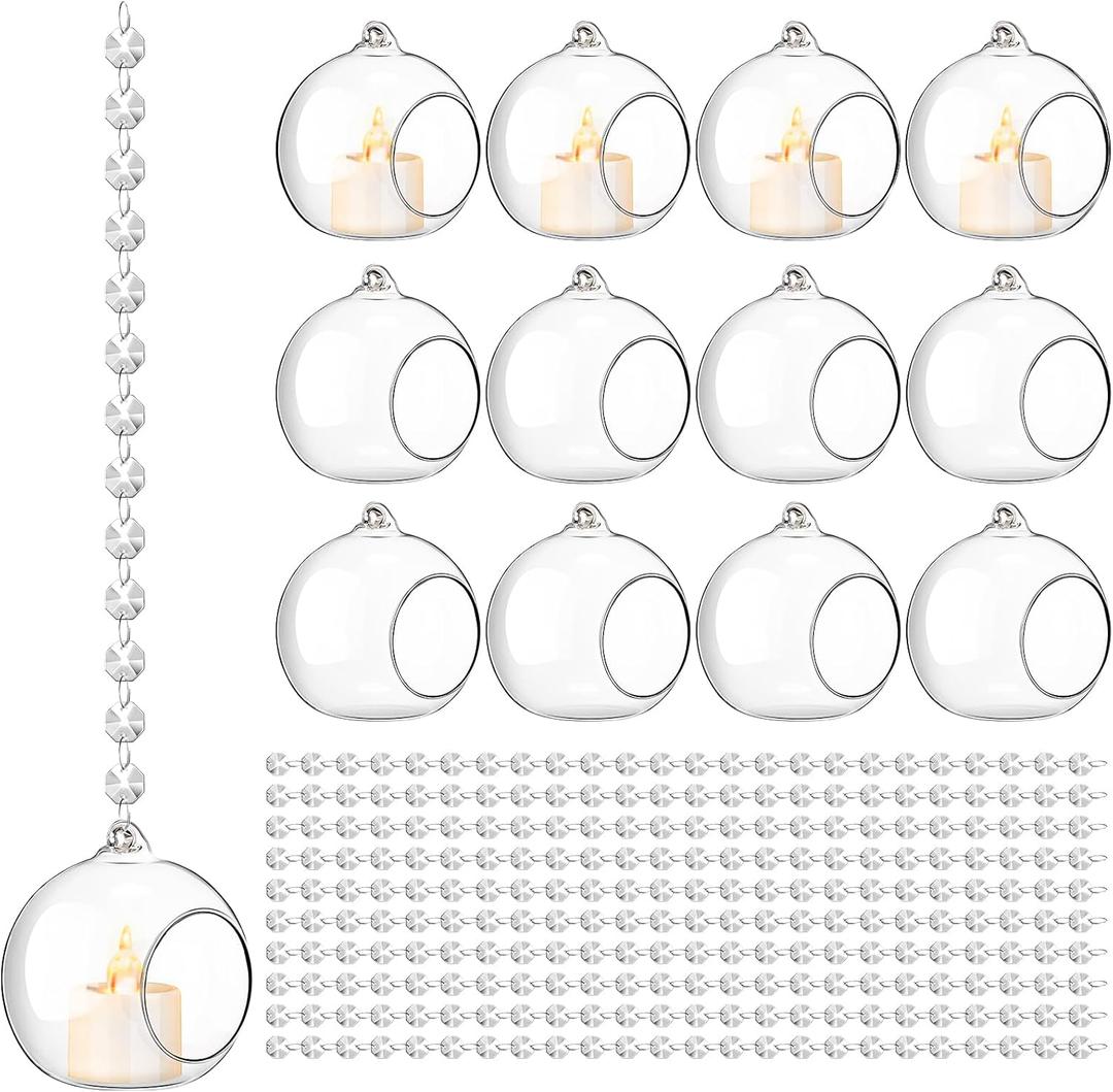 3.15'' Hanging Glass Tealight Holder Globe and Clear K9 Crystal Garland Strands, Hanging Glass Terrarium Containers for Wedding Party Tree Decoration(34 Pcs)