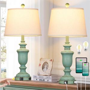 25.6" Farmhouse Table Lamps Set of 2 with USB C+A Ports & AC Outlet for Rustic Living Room Retro Bedroom,3-Way Dimmable Touch Lamp Bedside Lamps for Nightstand Side End Table,Retro Green