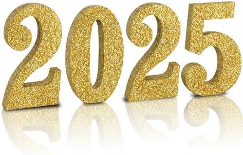 TONIFUL 4 Inch 2025 Gold Glitter Table Centerpiece Sign 2025 Number Word Sign,2025 Wooden Numbers Block for New Year Eve,Graduation,Chrismas,Anniversary Party Supplies