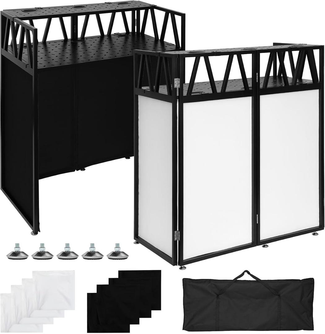 Two-Tier Portable DJ Booth Table, 42"L x 20"W Dual-Layer Heavy Duty Portable DJ Booth Stand with White & Black Scrim, Adjustable DJ Facade, Ideal for Parties, Stage Weddings And Bars（Double-Decker）
