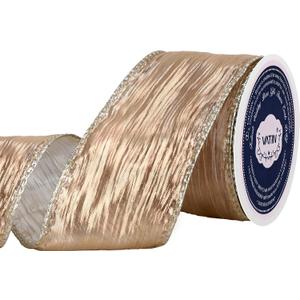 VATIN Light Champagne Crinkled Wired Ribbon with Metallic Edge, Christmas Ribbon for Garland, Wreaths, Topper Bow, Swags, Christmas Tree Decoration 2-1/2 Inch x 10 Yard