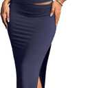 ELLEVEN 2 Piece Maxi Skirt Sets for Women, Sexy Mock Neck Ruched Top and Slit Skirt Dress Set, Summer Going Out Outfits (Navy Blue)
