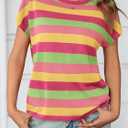 Saodimallsu Womens Striped Short Sleeve Tops Summer Casual Color Block Crew Neck Lightweight Loose Knit Shirts (Small, Pink)