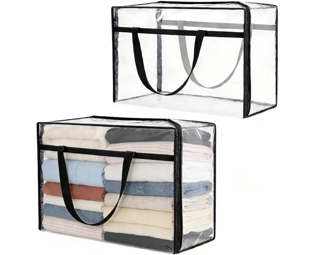 60L Clear Storage Bags Plastic Blanket Storage Bag Foldable Moving Organizers Containers with Zipper for Bedding Blanket Clothes Under Bed Holder - 2 Pcs