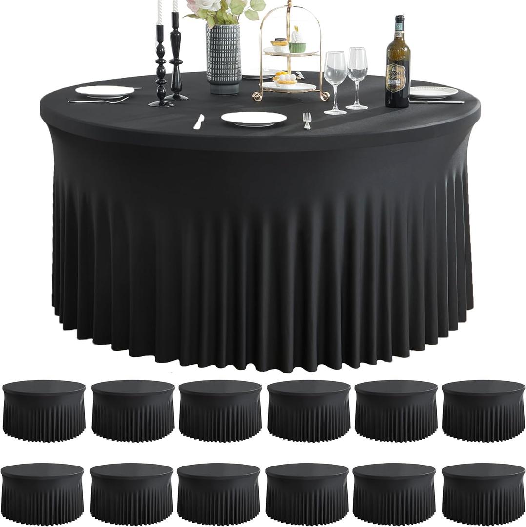 12 Pack Black Round Spandex Tablecloth for 60 inch Table, Wrinkle Free Stretchy 120inch Fitted 5FT Round Table Cloths Cover with Skirt for Wedding Birthday Party Dining Banquet Events