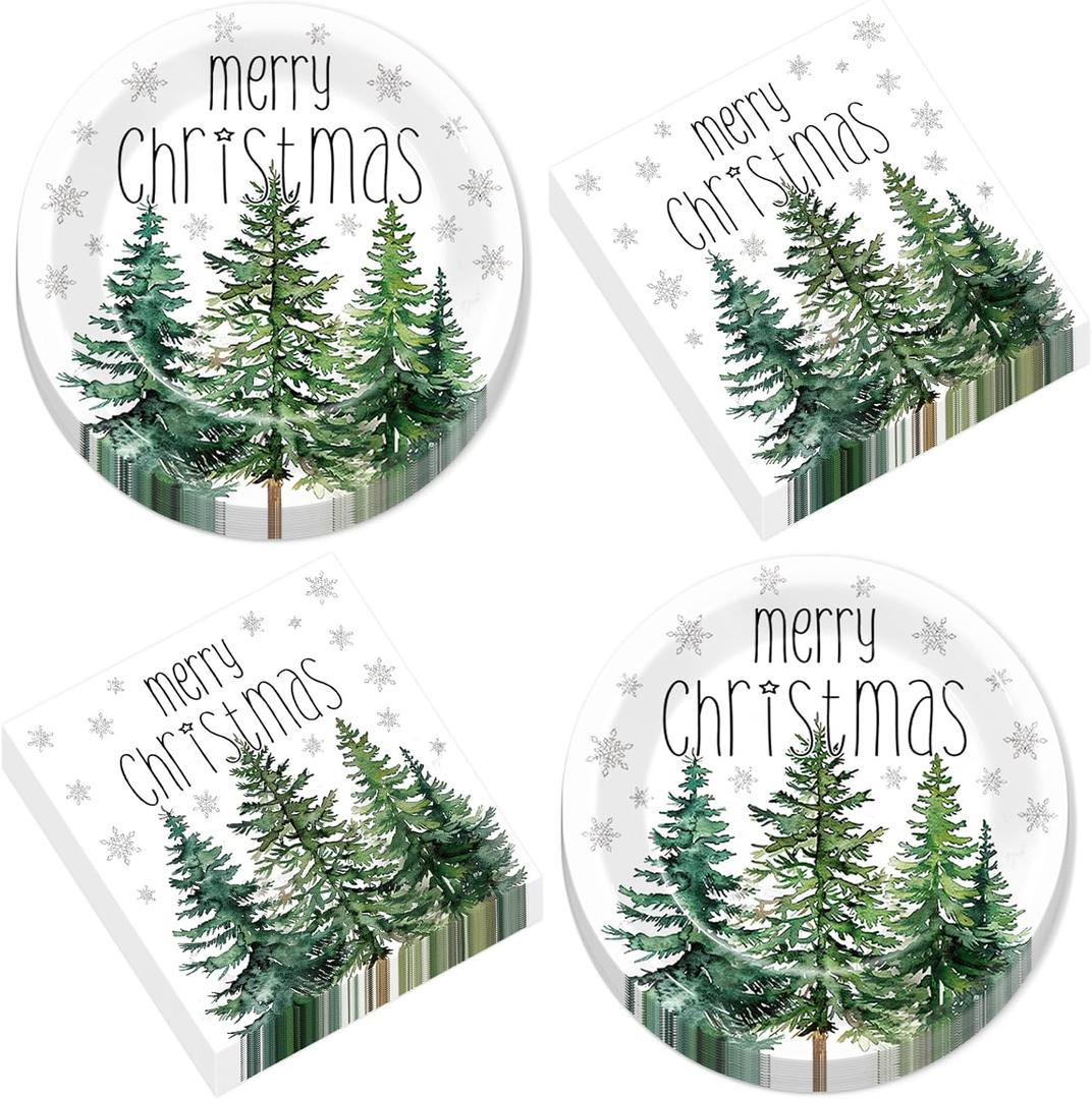 50Pcs Christmas Tree Paper Plates and Napkins Merry Christmas Watercolor Green Cedar Snowflake Party Tableware Set Xmas Pine Trees Disposable Dinnerware for Winter Xmas Holiday Party Decor Supplies