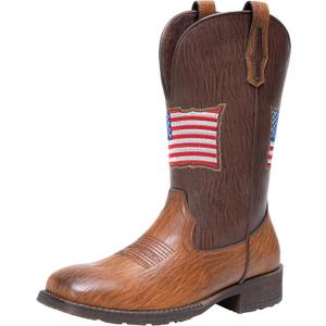 Jousen Cowboy Boots for Men Western Side Zipper American Flag Square Toe Mens Cowboy Boots With Western Square Toe, American Flag Embroidery, Easy Side Zipper, All-Day Comfort, Durable Rubber Sole, 12, Amy8423-brown