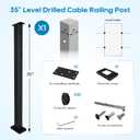 Level Drilled Cable Railing Post 36" (35"X2"x2"), Flat Bracket Stainless Steel Deck Railing Post, Black Level Holes Railing Post for Horizontal Cable Systems, Surface Mount Metal Post for Deck (1P)