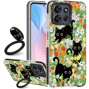 Boaretiu for Motorola Moto G Power/Play 2025 Case - with Stand Cute Kawaii Fashion 360 Rotate Ring Holder Kickstand Cat Flower for Women Girls Boys Teens Girly Case for Moto G Power/Play 2025