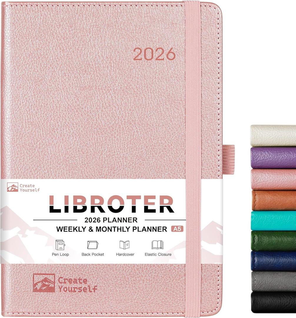 3 x 2026 Planner - Planner 2026, 2026 Weekly Monthly Planner, Jan.2026 - Dec.2026, 5.7'' x 8.4'', Thick Paper, Leather Cover, Pen Holder, Back Pocket, Bookmarks, Perfect Daily Organizer - Rose Gold