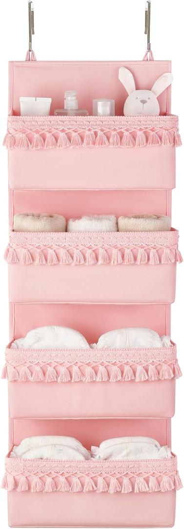 Dahey Over The Door Organizer Boho Nursery Storage Decor Closet Hanging Organizer with Tassels Decoration for Bedroom Nursery Bathroom Apartments Dorm Pantry, 4 Pockets, Pink (Medium)