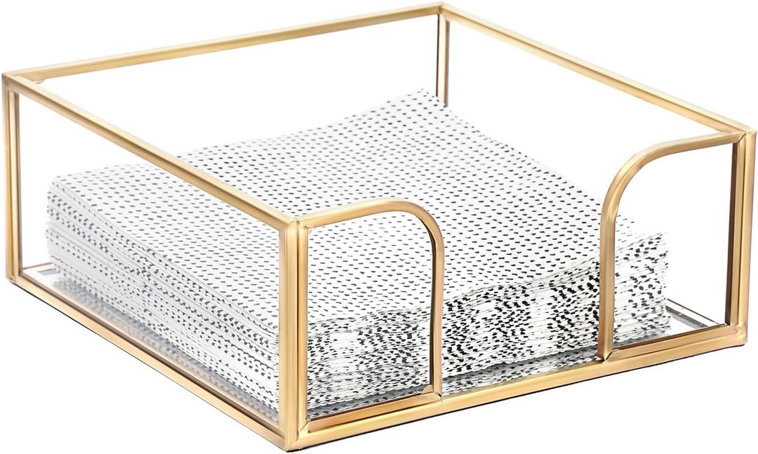 Sumnacon Cocktail-Sized Napkin Holder Square Glass Napkin Holder Table Gold Stylish Cocktail Napkin Holders for Kitchen Dining Table Counter, Decorative Napkin Basket for Picnic Wedding Party, 5.7x5.7inch