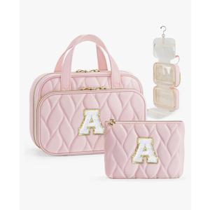 YOOLIFE Hanging Toiletry Bag Makeup Bag for Women Girls, Initial Toiletry Bag Cosmetic Bag, Personalized Birthday Gifts for Women Teen Girls Letter Pink A