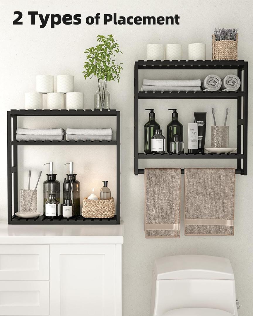 Over The Toilet Storage Bathroom Shelves Wall Mounted 3 Tier Space Saver Corner Shelf Organizer Bamboo Towel Rack Toilet Paper Cabinet with Hanging Rod Black
