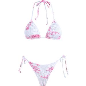 VOLAFA Women's Triangle Bikini String Swimsuit Print Tie Smocked Ruched Two Piece Bathing Suit Set (Small, Pink White-str)