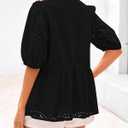 KIRUNDO Peplum Tops for Women 2026 Summer Eyelet Tie Front Blouses Casual Short Lantern Sleeve Cute Y2K Lace Babydoll Shirts (Black, S)