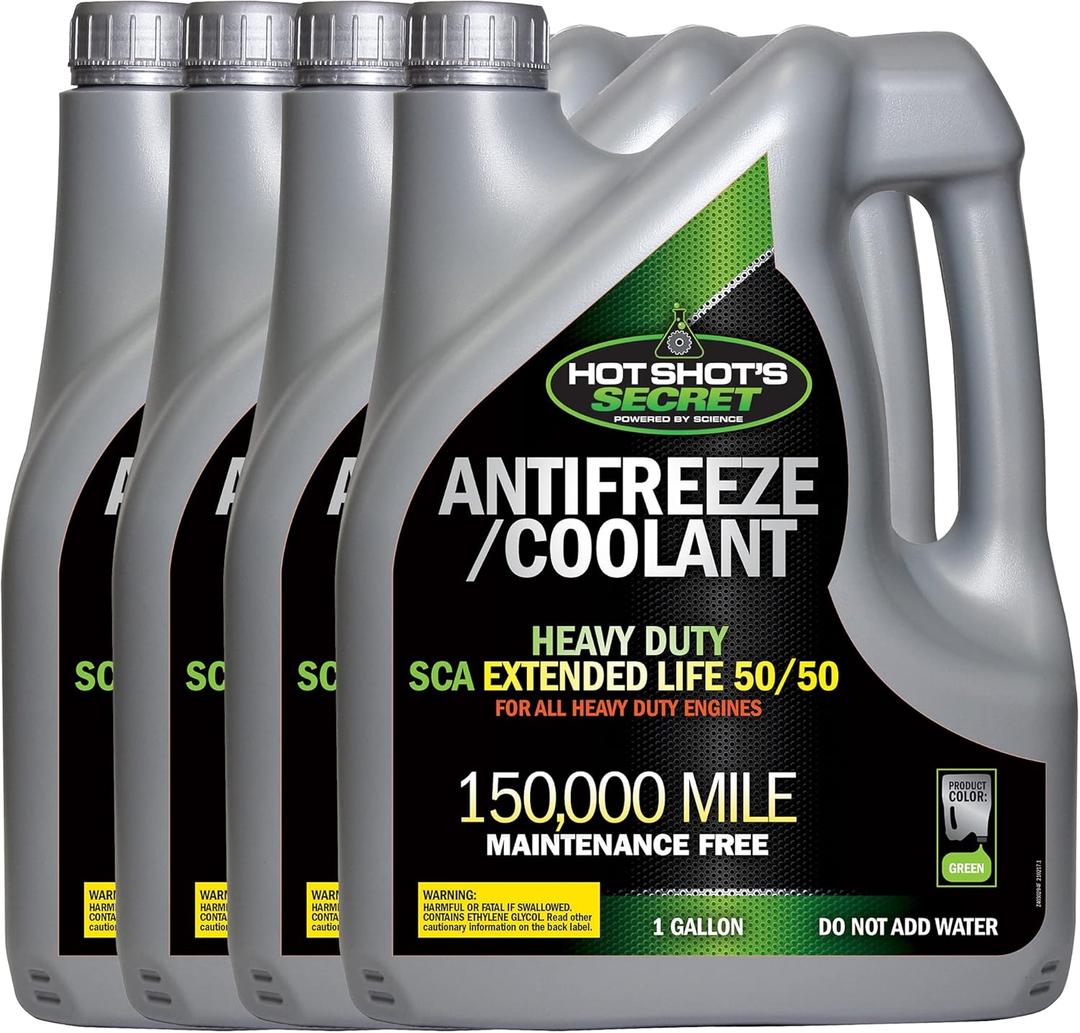 Hot Shots Secret Green Antifreeze/Coolant 1 Gallon (4 Pack)  50/50 Prediluted Heavy Duty SCA Extended Life, 150,000 Mile Formula