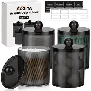 4 Pack Acrylic Qtip Holder Dispenser for Cotton Swabs, Balls, Pads, Floss Picks- Clear Acrylic Canister Apothecary Jar Set, Bathroom Essentials Accessories Decor Vanity Makeup Storage Organizer -Black