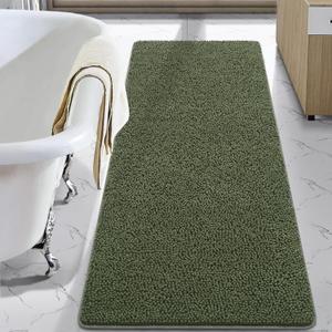 LOCHAS Luxury Bathroom Rug Shaggy Bath Mat 24 x 60 Inch, Washable Non Slip Bath Rugs for Bathroom Shower, Soft Plush Chenille Absorbent Carpets Mats, Olive Green