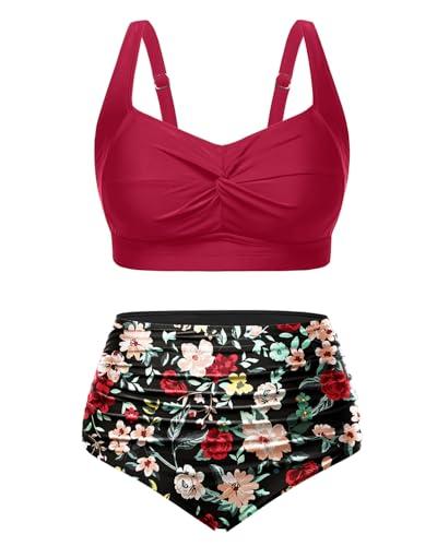 Tempt Me Women Plus Size High Waisted Bikini Set Two Piece Swimsuit Tummy Control Bathing Suits Red and Floral 20W