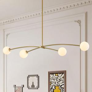 Modern Gold Sputnik Chandelier L51 Mid Century 4 Lights Milk Glass Globe Ceiling Pendant Light Fixture Contemporary for Kitchen Island Dining Room Bar Bedroom Home Office, Long- 51