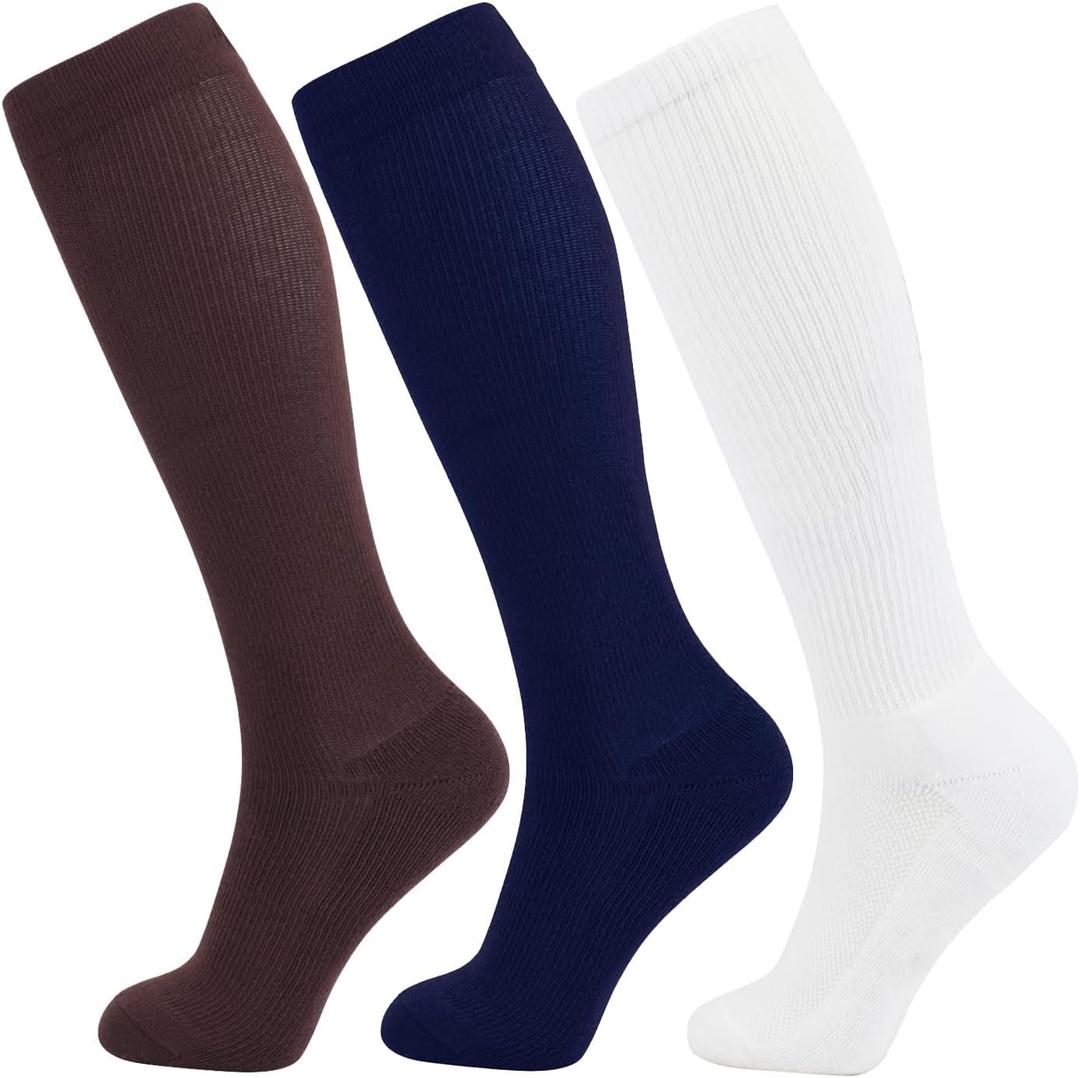 +MD Compression Socks for Women Men, 3 Pairs 15-20mmHg Knee High Support Cushion Socks for Pregnant Nurses Travel (Medium, Brown/ Navy/ White)