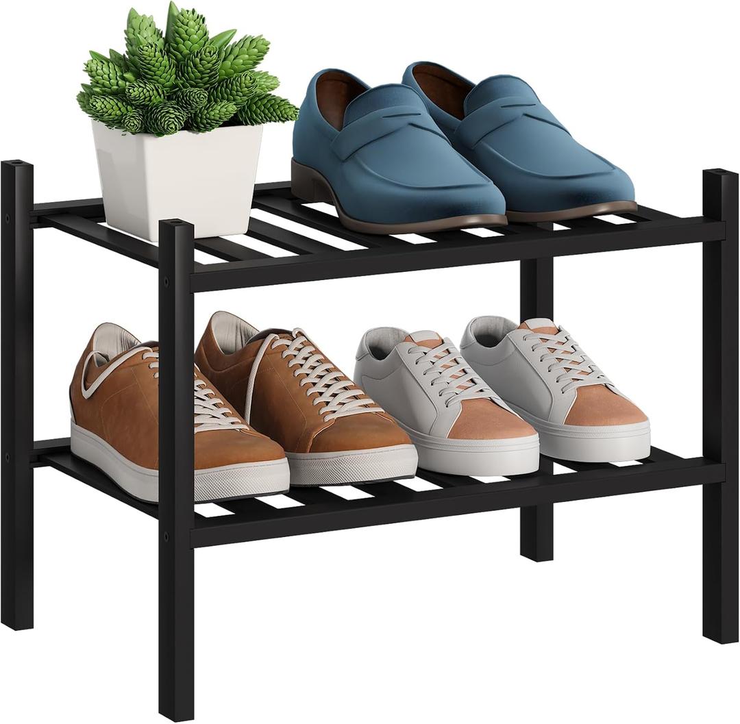 BMOSU 2-Tier Bamboo Small Shoe Rack Premium Stackable Shoe Shelf Storage Organizer for Hallway Closet Living Room Entryway Organizer (Black Bamboo)