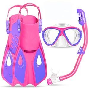 Snorkeling Gear for Kids Ages 5-15, 4 in 1 Mask Fins Snorkel Set with HD Tempered Glass Panoramic View Anti-Fog Mask, Dry Top Snorkel, Adjustable Trek Fins, and Mesh Bag, Kids Snorkel Set for Youth