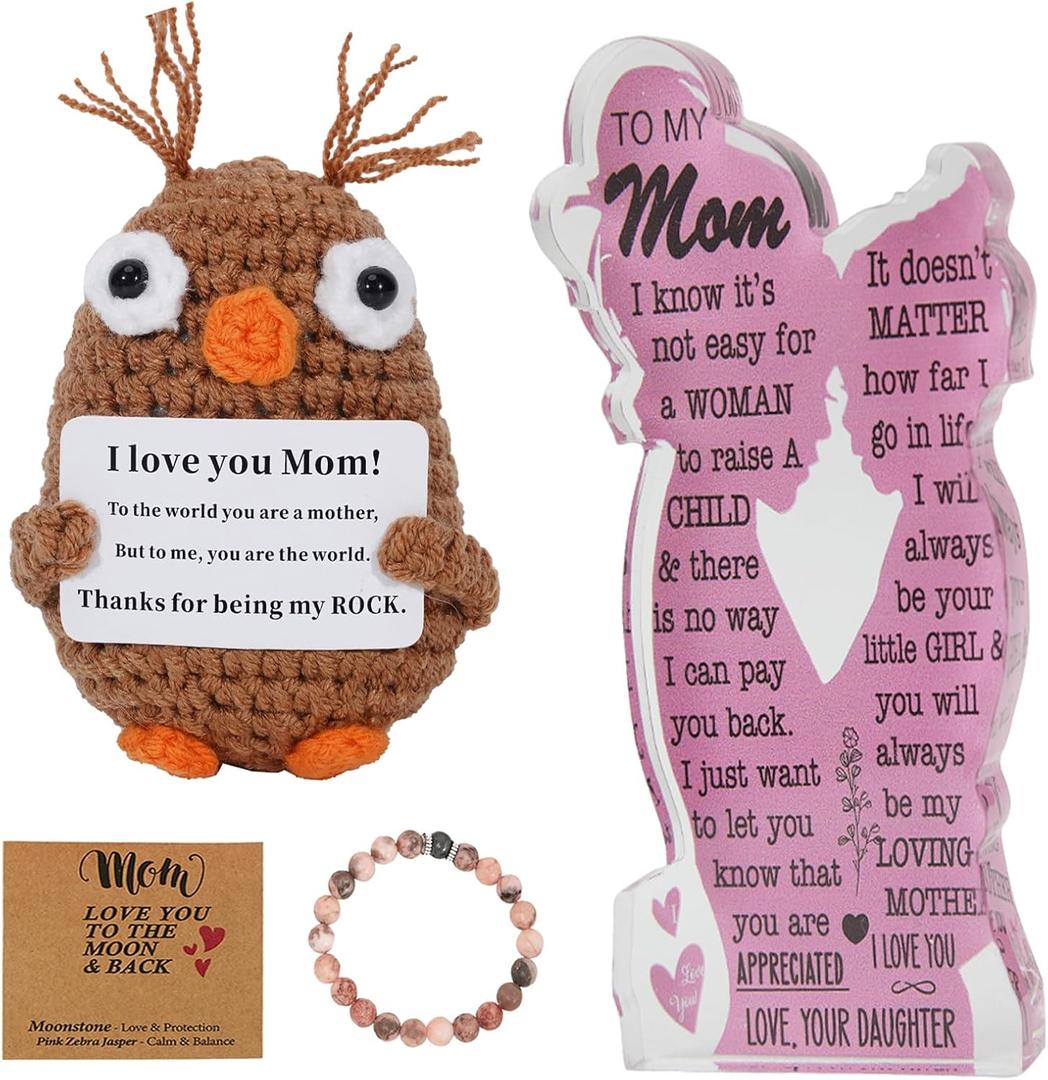 Coruja Funny Birthday Gifts for Mom Mothers Mama Mommy, Mini Positive Crochet Animals Owl with Acrylic Plaque Sign Bracelets, Emotional Cheer Up Support Positive Gifts for Mom Grandmother