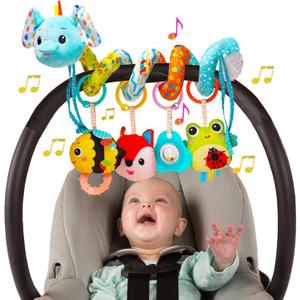 BATOHO Car Seat Toys for Babies 0-6 Months, Hanging Spiral Activity Stroller Toy for Infants 3-6 Months, Developmental Toy for Newborn 0 3 6 12 Month with Music Box Rattle Squeaker- Blue Elephant