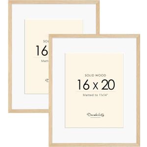16x20 Solid Wood Picture Frame, Natural Wood Poster Frame with Paper Mat, Display Picture 11x14 with Mat, 16x20 without mat, Set of 2 Oak wood grain Picture Frame