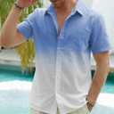 Mens Linen Shirts Gradient Short Sleeve Casual Shirts Button Down Shirt Beach Summer Wedding Vacation Shirt for Men (Blue, M)