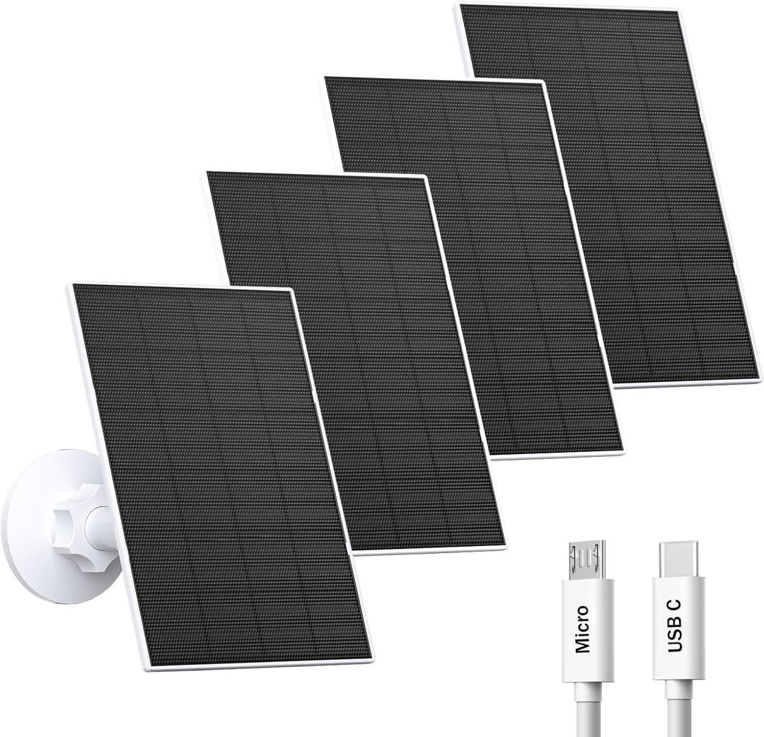 2W Solar Panel for Security Camera Outdoor, USB/USB-C Charger with IP65 Waterproof, 360 Adjustable Mount & 7.2ft Cable, Compatible with Rechargeable Battery Cameras (4 Pack, White)