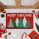 Buffalo Plaid Xmas Trees Merry Christmas Door Mat 30"x17" Red, Seasonal Xmas Door Mat Non-Slip Washable Low-Profile Indoor Outdoor Winter Holiday Doormat (1'5" x 2'6" (Rectangular)