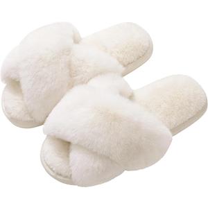Evshine Women's Fuzzy Slippers Cross Band Memory Foam House Slippers Open Toe (7-8, White)