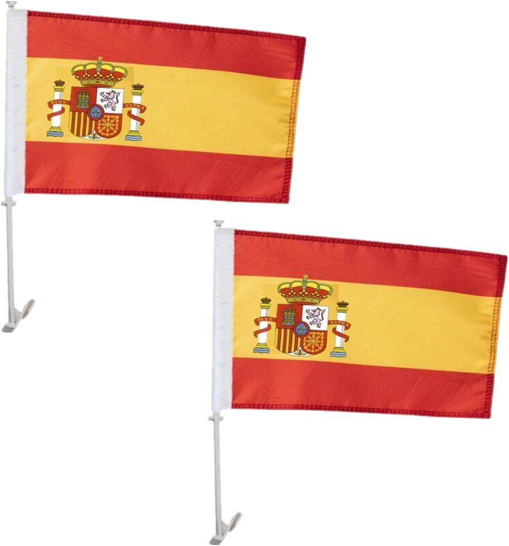 2 Pack Spain Car Flags 11" x 17" with Flagpole Mount,Premium 200D Polyester Spainish National Car Flag,19" Flagpole Fixed Window Clip Mount for Most Vehicle Window.