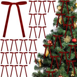 24 Pcs Velvet Bows Christmas Tree Ornaments Vintage Velvet Ribbon Bows for Tree Garland Wreath Indoor Xmas Decorations(5 x 7 Inch, Width of 3/8",Dark Red)
