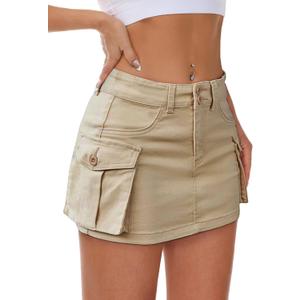 Women Denim Cargo Skirt Mini Low Waist Button Bodycon Y2K Flap Pockets Skirts (Large, Khaki)